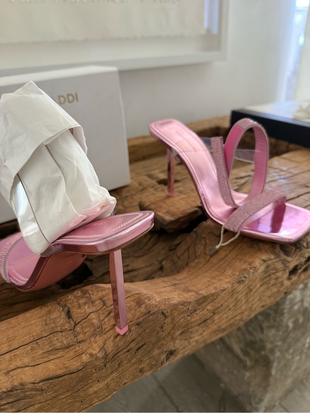 AMINA MUADDI Pink Rhinestone Ankle-Strap High Heel Sandals - Picture 5 of 16